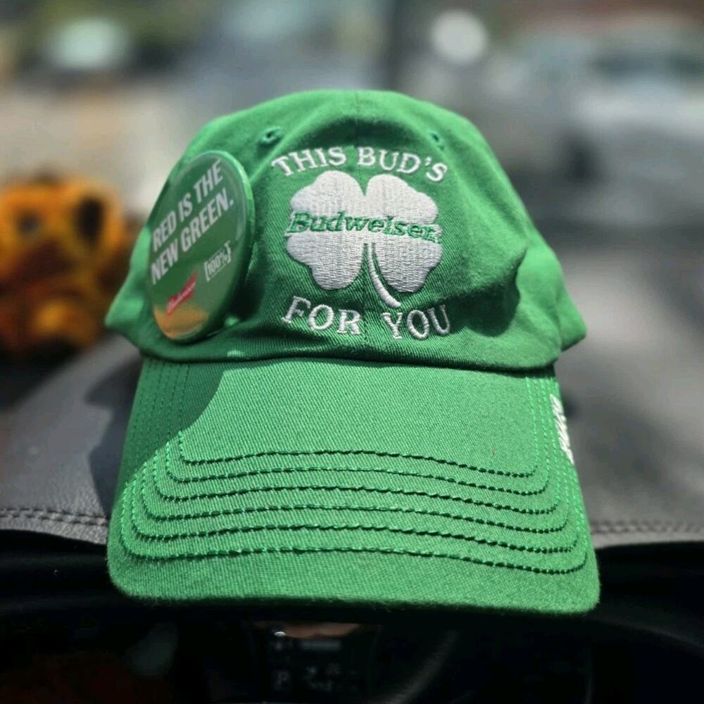 Vintage Budweiser Green Shamrock Hat St Patricks Day This Buds For You Cap Pin